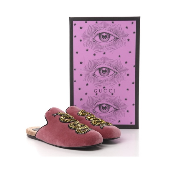 GUCCI Kingsnake Lawrence mules pink yellow size 7 velvet slippers slides snake - Picture 1 of 16